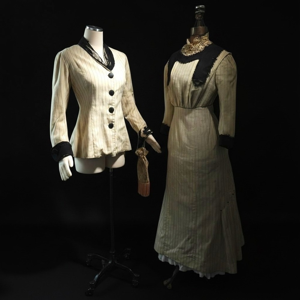 Antique Walking Suit 2 Pc Cream Pinstripe Purse Dress Black Trim Blazer Jacket